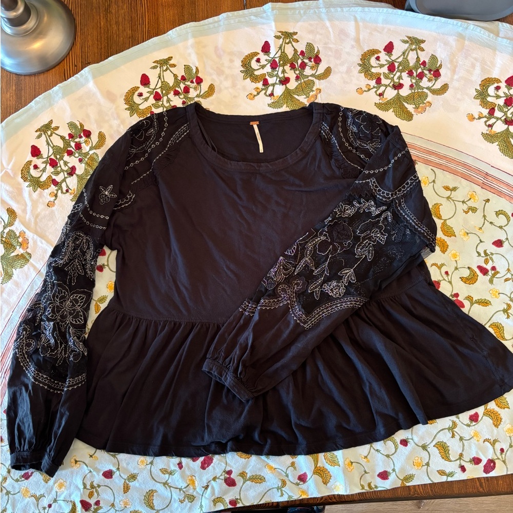 Free People Embroidered Black Women's Top